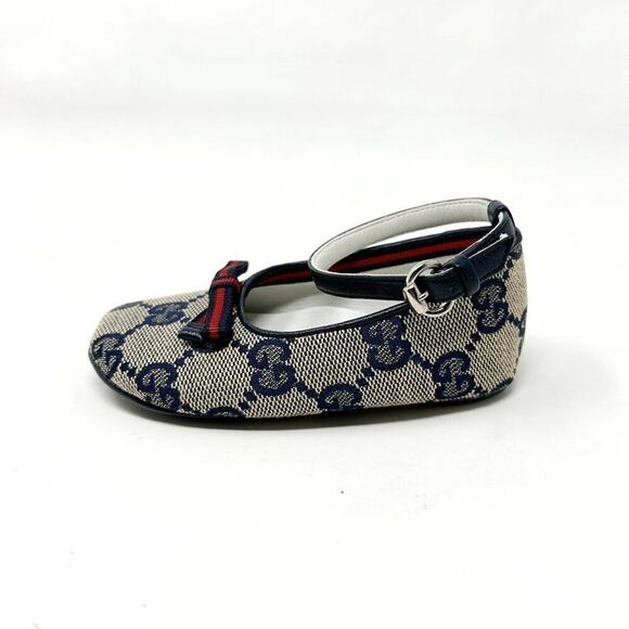 Gucci GG Supreme Blue Monogram Canvas Leather Trim Maryjane Baby Girl Shoes - Picture 2 of 9